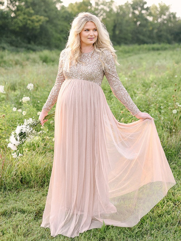 Mumsmode Zwangerschaps Maxi Fotoshoot Jurk Chique Pailletten Tule Gedrapeerd