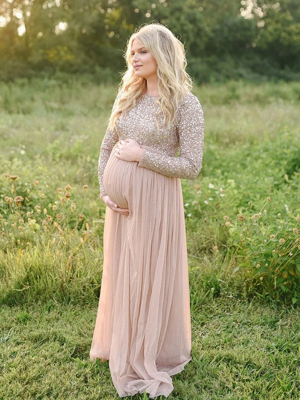Mumsmode Zwangerschaps Maxi Fotoshoot Jurk Chique Pailletten Tule Gedrapeerd