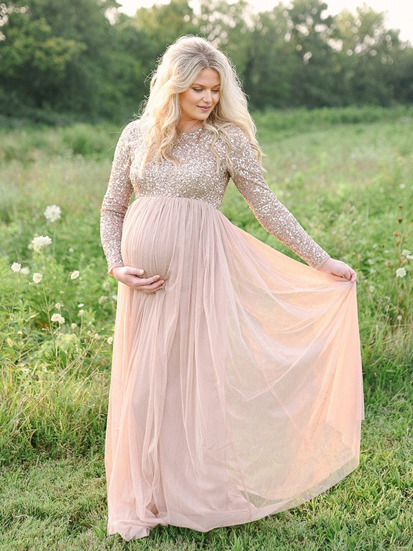 Mumsmode Zwangerschaps Maxi Fotoshoot Jurk Chique Pailletten Tule Gedrapeerd