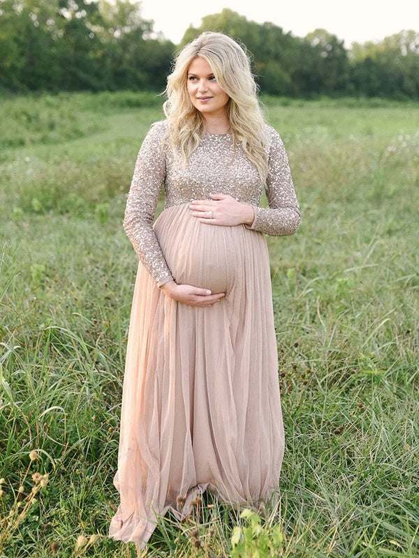 Mumsmode Zwangerschaps Maxi Fotoshoot Jurk Chique Pailletten Tule Gedrapeerd