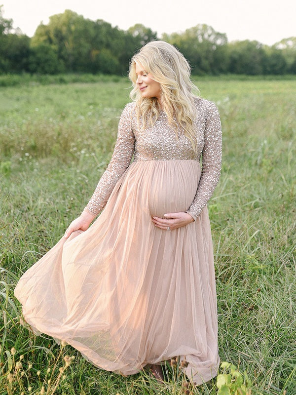 Mumsmode Zwangerschaps Maxi Fotoshoot Jurk Chique Pailletten Tule Gedrapeerd