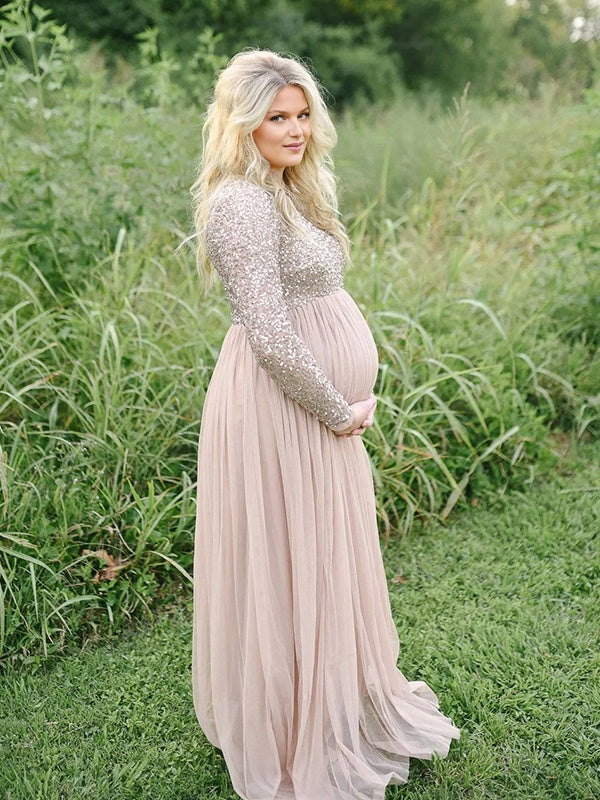 Mumsmode Zwangerschaps Maxi Fotoshoot Jurk Chique Pailletten Tule Gedrapeerd