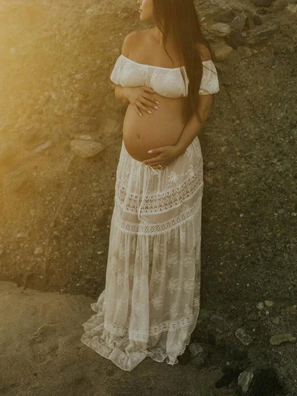 Mumsmode Zwangerchaps Fotoshoot Jurken Boheems 2-in-1 Kanten Koord Ruches Maxi Jurken