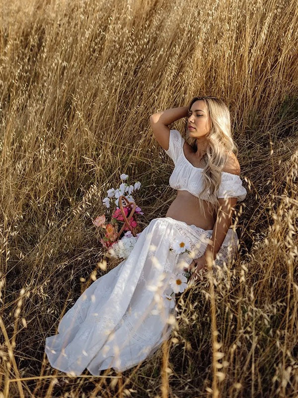 Mumsmode Zwangerchaps Fotoshoot Jurken Boheems 2-in-1 Kanten Koord Ruches Maxi Jurken