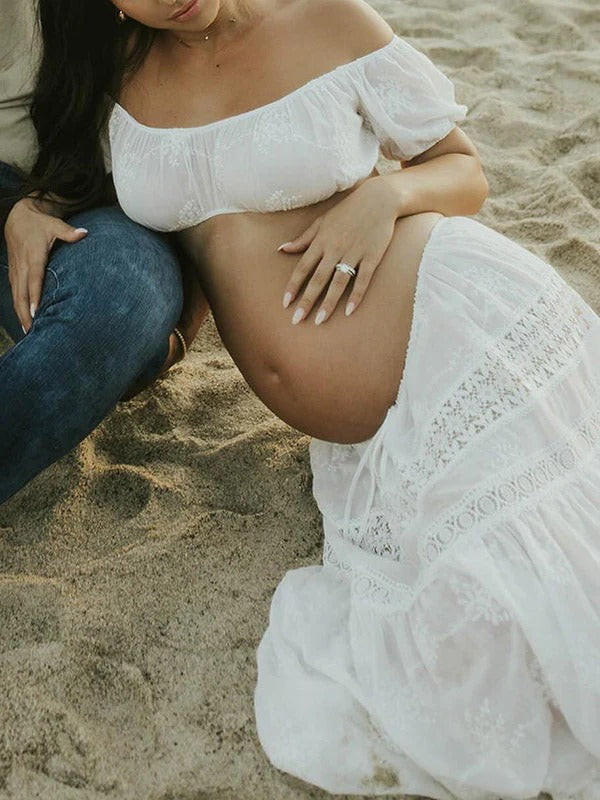 Mumsmode Zwangerchaps Fotoshoot Jurken Boheems 2-in-1 Kanten Koord Ruches Maxi Jurken