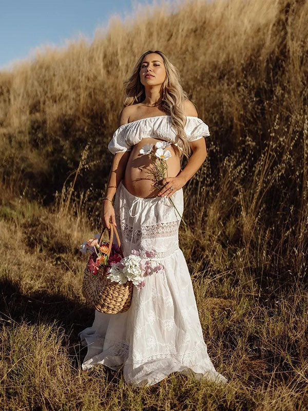 Mumsmode Zwangerchaps Fotoshoot Jurken Boheems 2-in-1 Kanten Koord Ruches Maxi Jurken