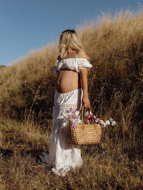Mumsmode Zwangerchaps Fotoshoot Jurken Boheems 2-in-1 Kanten Koord Ruches Maxi Jurken