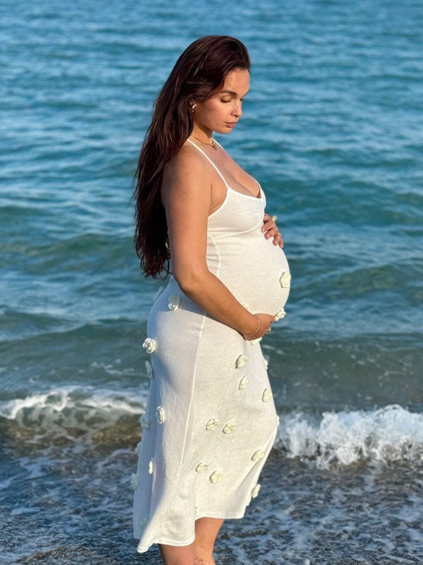 Maxi Zwangerschapsfotoshoot Jurk Rugloos Appliques - Wit