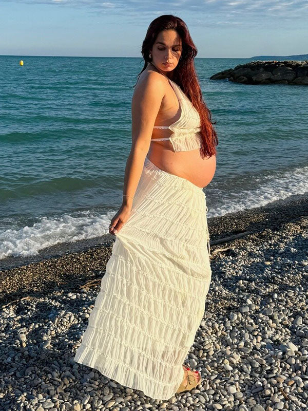 Mumsmode Zwangerchaps Fotoshoot Jurken Boheems 2-in-1 Gekreukt Rugloos Maxi Jurken