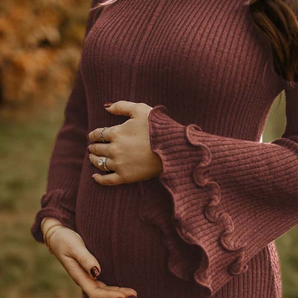 Elegante Bruine Ribgebreide Ruches Fotoshhot Zwangerschaps Maxi Truijurk