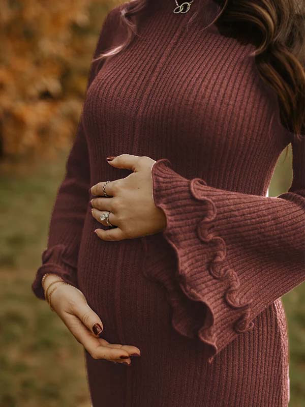 Elegante Bruine Ribgebreide Ruches Fotoshhot Zwangerschaps Maxi Truijurk