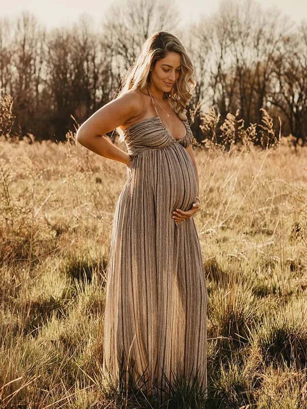 Beige Boho Zwangerschaps Maxi Jurk Halternek Rugloos Vetersluiting