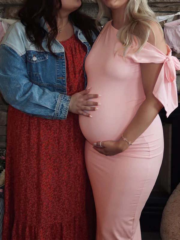 Mumsmode Roze Zwangerschaps Maxi Jurk Strik Één Schouder Elegant Babyshower