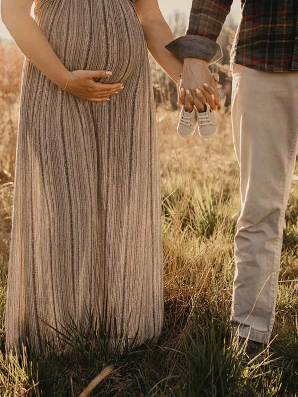 Beige Boho Zwangerschaps Maxi Jurk Halternek Rugloos Vetersluiting