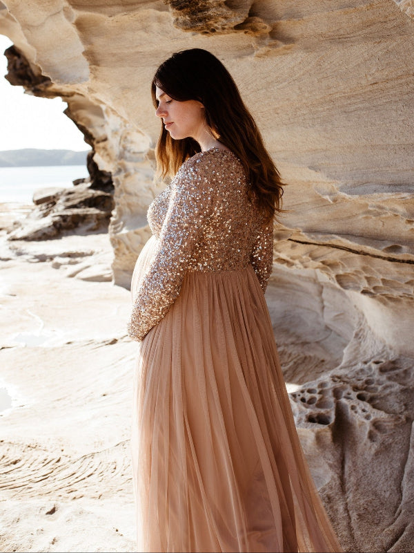 Mumsmode Zwangerschaps Maxi Fotoshoot Jurk Chique Pailletten Tule Gedrapeerd