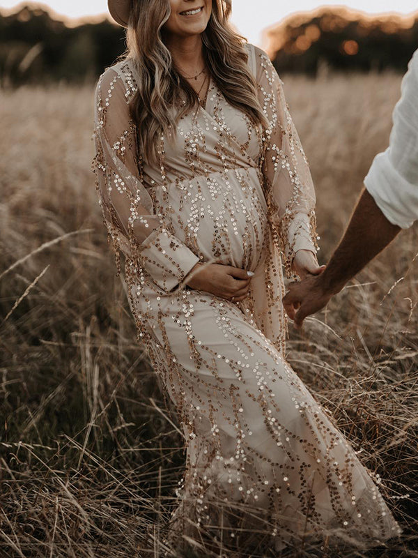 Mumsmode Elegante Maxi Zwangerschapsjurk Fotoshoot Glanzende Pailletten Franjes Doorschijnende Tule