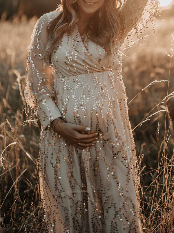 Mumsmode Elegante Maxi Zwangerschapsjurk Fotoshoot Glanzende Pailletten Franjes Doorschijnende Tule