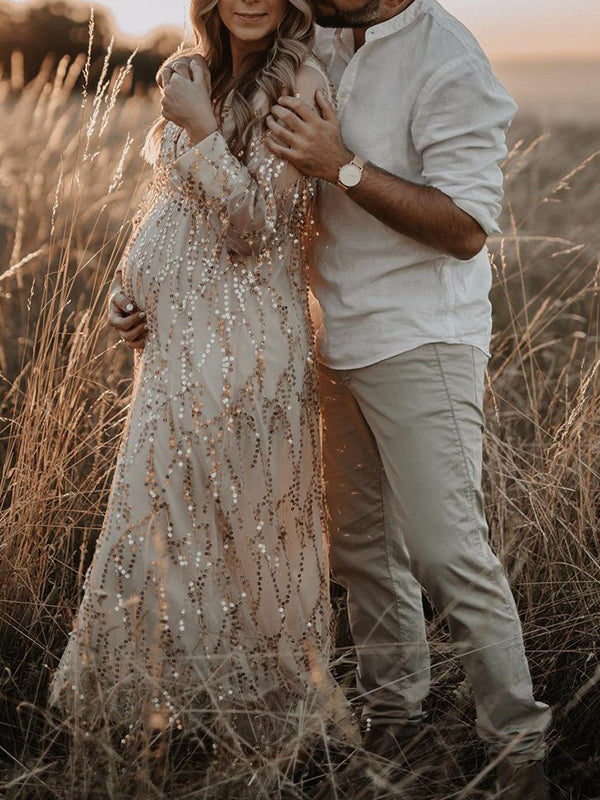 Mumsmode Elegante Maxi Zwangerschapsjurk Fotoshoot Glanzende Pailletten Franjes Doorschijnende Tule