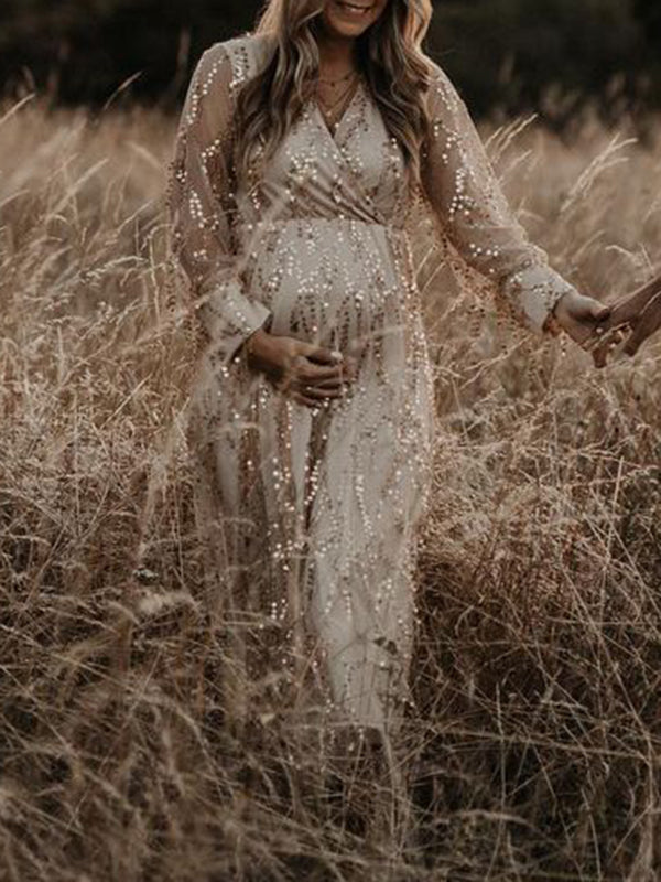 Mumsmode Elegante Maxi Zwangerschapsjurk Fotoshoot Glanzende Pailletten Franjes Doorschijnende Tule