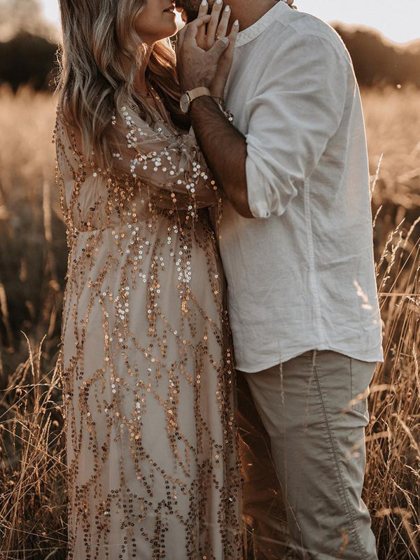 Mumsmode Elegante Maxi Zwangerschapsjurk Fotoshoot Glanzende Pailletten Franjes Doorschijnende Tule