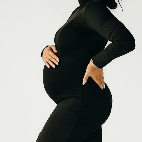 Elegante Zwarte Kolkraag Bodycon Zwangerschaps Maxi Jurk