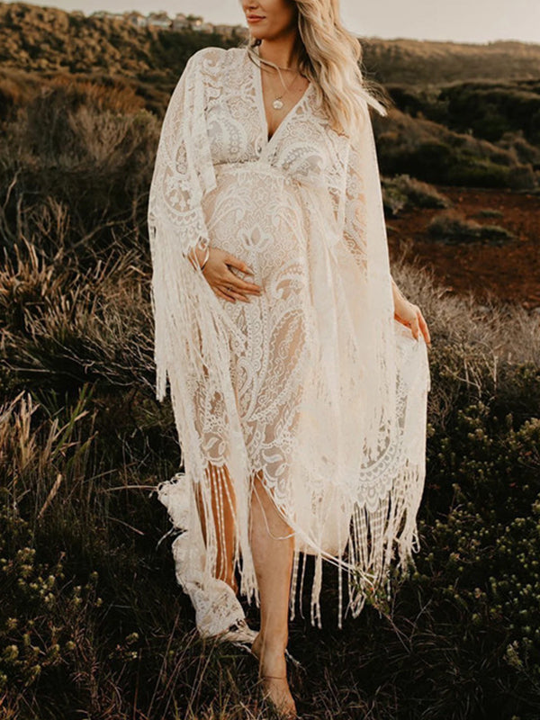 Mumsmode Zwangerchaps Fotoshoot Jurken Kanten Zijsplit  Kwasten Boheems Maxi Jurken