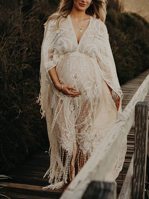 Mumsmode Zwangerchaps Fotoshoot Jurken Kanten Zijsplit  Kwasten Boheems Maxi Jurken