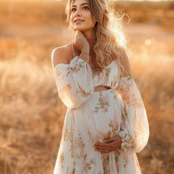 Bloemen Off-Shoulder Cut Out Fotoshoot Zwangerschaps Maxi Jurk