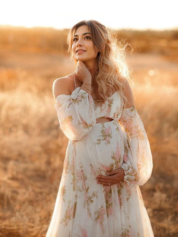 Bloemen Off-Shoulder Cut Out Fotoshoot Zwangerschaps Maxi Jurk