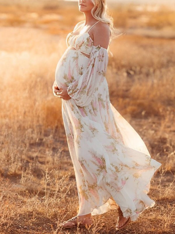Bloemen Off-Shoulder Cut Out Fotoshoot Zwangerschaps Maxi Jurk