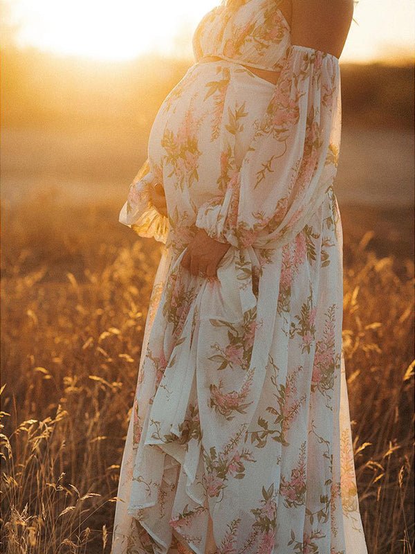 Bloemen Off-Shoulder Cut Out Fotoshoot Zwangerschaps Maxi Jurk