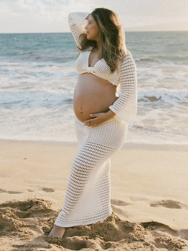 Mumsmode Zwangerschaps Maxi Jurk 2-in-1 Knoop Voorzijde Cropped V-Hals Gehaakt Strand Vakantie Fotoshoot