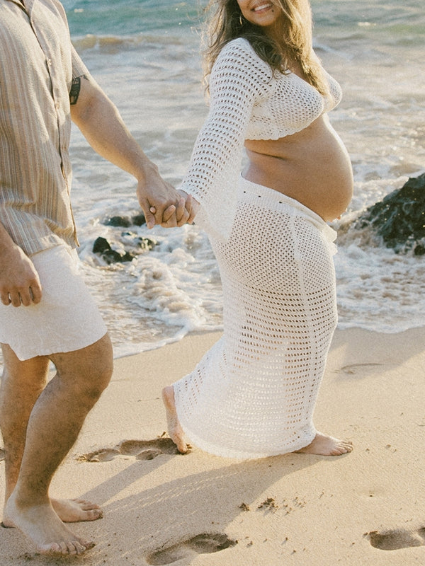 Mumsmode Zwangerschaps Maxi Jurk 2-in-1 Knoop Voorzijde Cropped V-Hals Gehaakt Strand Vakantie Fotoshoot