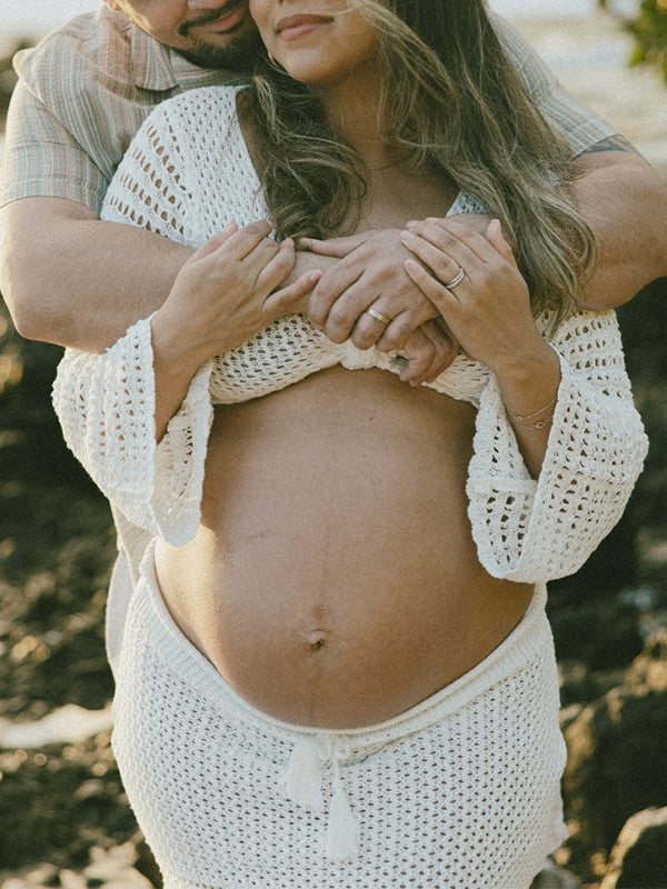 Mumsmode Zwangerschaps Maxi Jurk 2-in-1 Knoop Voorzijde Cropped V-Hals Gehaakt Strand Vakantie Fotoshoot