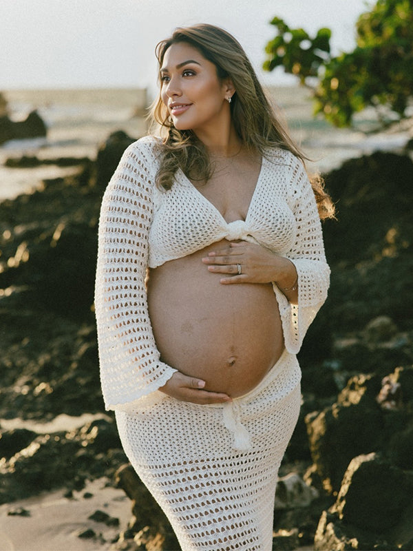 Mumsmode Zwangerschaps Maxi Jurk 2-in-1 Knoop Voorzijde Cropped V-Hals Gehaakt Strand Vakantie Fotoshoot