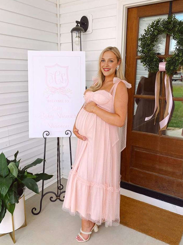 Mumsmode Zwangerchaps Cocktailjurken Elegante Fotoshoot Tule Stippenprint Spaghetti Maxi Jurken