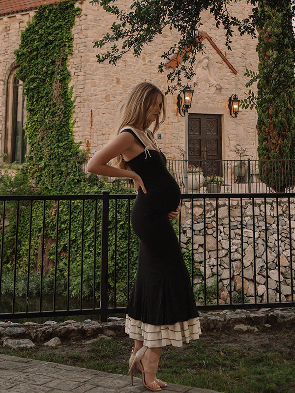 Mumsmode Zwangerchaps Cocktailjurken Elegant Ceremonie Ruches Bodycon Zeemeermin Patchwork Maxi Jurken