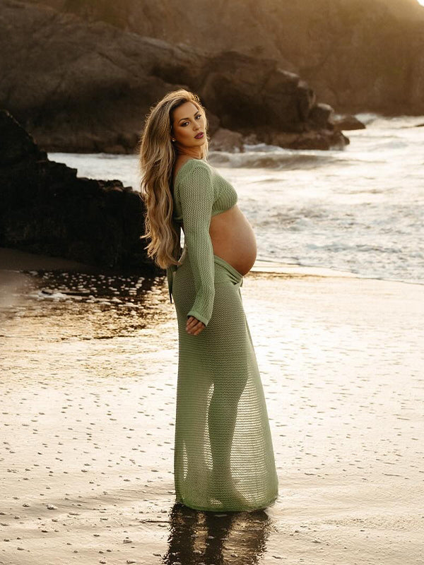 Mumsmode Zwangerchaps Fotoshoot Jurken Boheems 2-in-1 Gebreide Uithollen Zijsplit Maxi Jurken