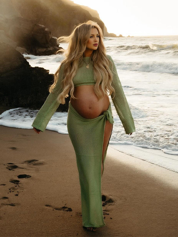 Mumsmode Zwangerchaps Fotoshoot Jurken Boheems 2-in-1 Gebreide Uithollen Zijsplit Maxi Jurken