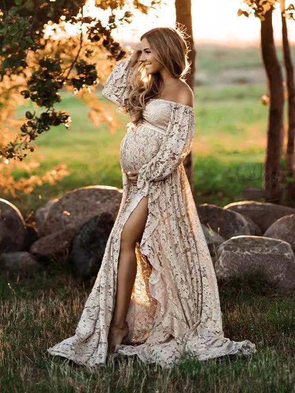 Boho Zwangerschaps Maxi Jurk Kant Off-Shoulder Kwastjes Tweedelige Set