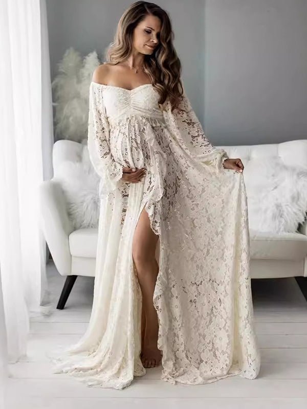 Boho Zwangerschaps Maxi Jurk Kant Off-Shoulder Kwastjes Tweedelige Set