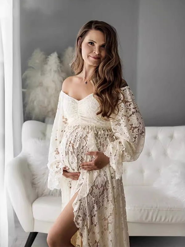 Boho Zwangerschaps Maxi Jurk Kant Off-Shoulder Kwastjes Tweedelige Set