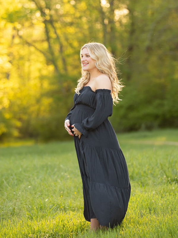 Mumsmode Zwangerchaps Fotoshoot Jurken Elegante Daily Zijsplit Ruches Gekreukt Maxi Jurken