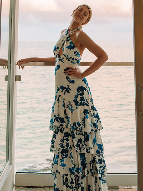 Mumsmode Zwangerchaps Bloemen Jurken Elegant Ceremonie Vakantie Bloemenprint Ruches Gevlochten Riem Maxi Jurken