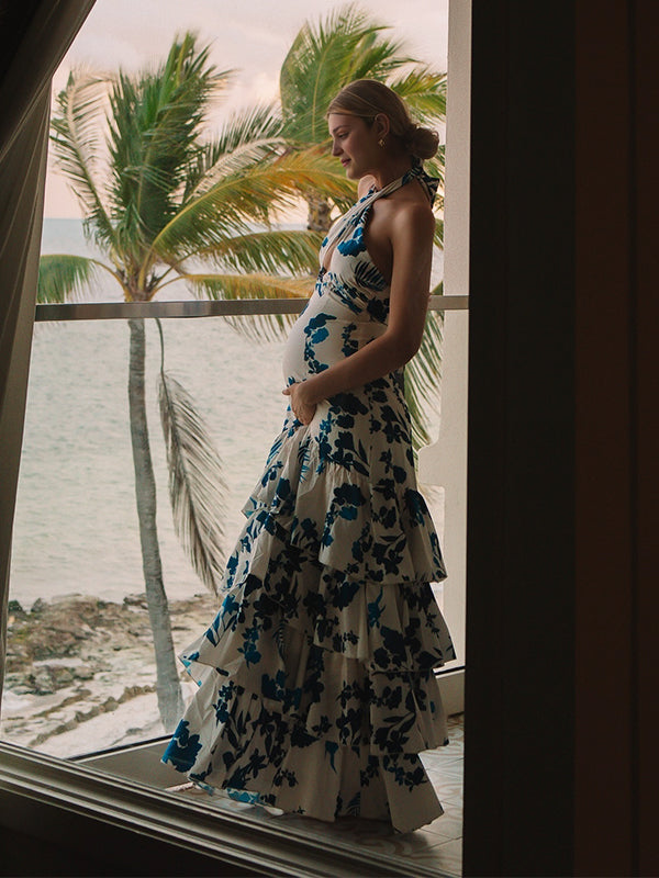 Mumsmode Zwangerchaps Bloemen Jurken Elegant Ceremonie Vakantie Bloemenprint Ruches Gevlochten Riem Maxi Jurken