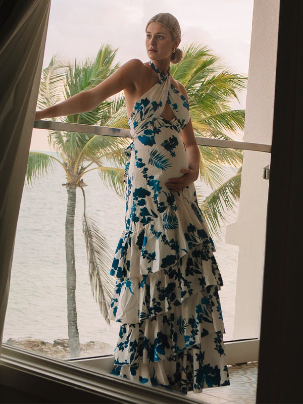 Mumsmode Zwangerchaps Bloemen Jurken Elegant Ceremonie Vakantie Bloemenprint Ruches Gevlochten Riem Maxi Jurken