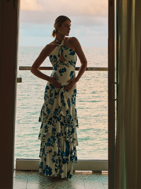 Mumsmode Zwangerchaps Bloemen Jurken Elegant Ceremonie Vakantie Bloemenprint Ruches Gevlochten Riem Maxi Jurken