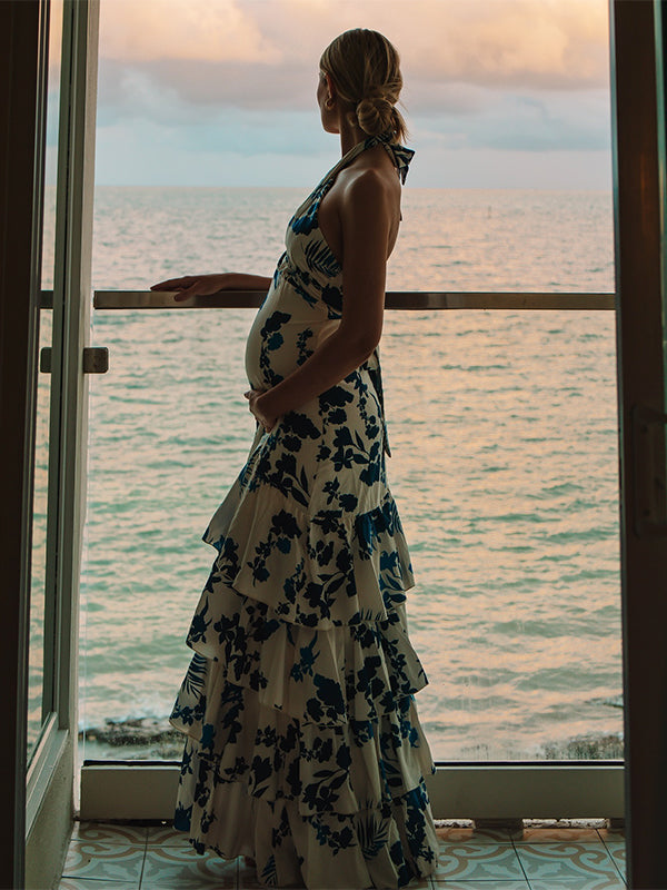 Mumsmode Zwangerchaps Bloemen Jurken Elegant Ceremonie Vakantie Bloemenprint Ruches Gevlochten Riem Maxi Jurken
