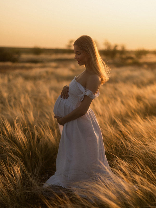 Mumsmode Zwangerchaps Daily Jurken Fotoshoot Boheems Ruches Spaghetti Maxi Jurken