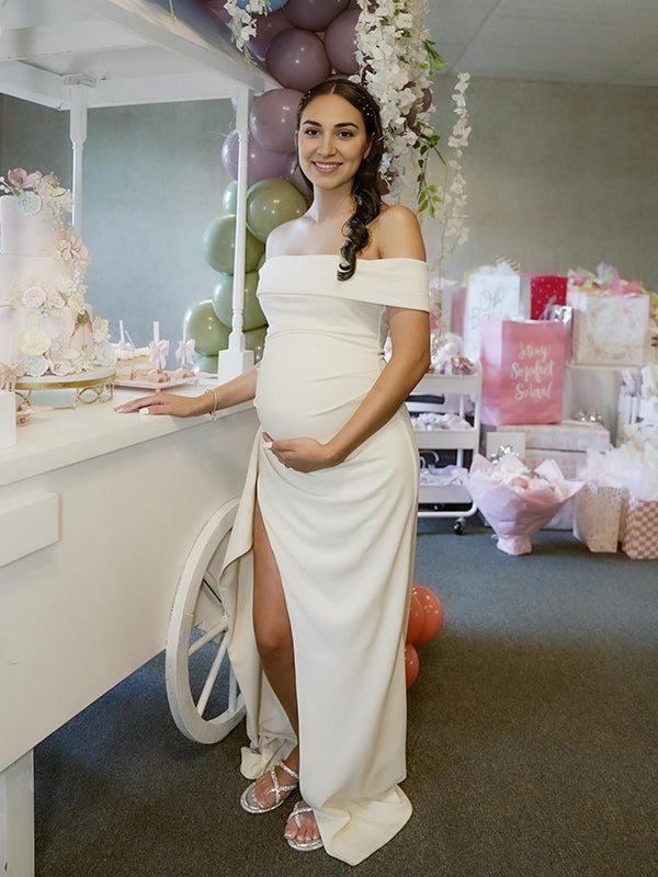 Mumsmode Zwangerchaps Maxi Jurk Off Shoulder Zijsplit Ruches Gekreukt Cocktail Bal Babyshower Elegant Wit